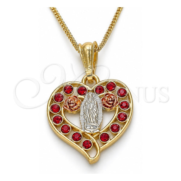 Collares con Dije 04.351.0025.20 Oro Laminado, Diseño de Guadalupe y Corazón, con Cristal Granate, Pulido, Tres Tonos (Grosor 02 MM, 20 Pulgadas de Largo)