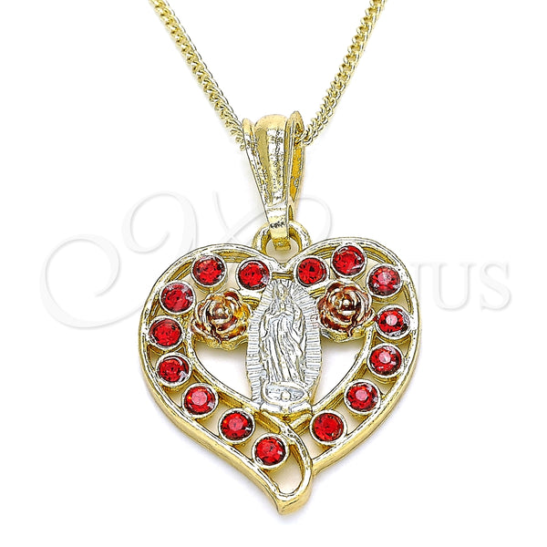 Collares con Dije 04.351.0025.20 Oro Laminado, Diseño de Guadalupe y Corazón, con Granate Cristal, Pulido, Tres Tonos (02 MM Thickness, 20 Inches Length)
