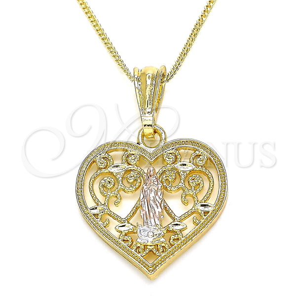 Collares con Dije 04.351.0026.20 Oro Laminado, Diseño de Guadalupe y Corazón, Pulido, Tres Tonos (02 MM Thickness, 20 Inches Length)