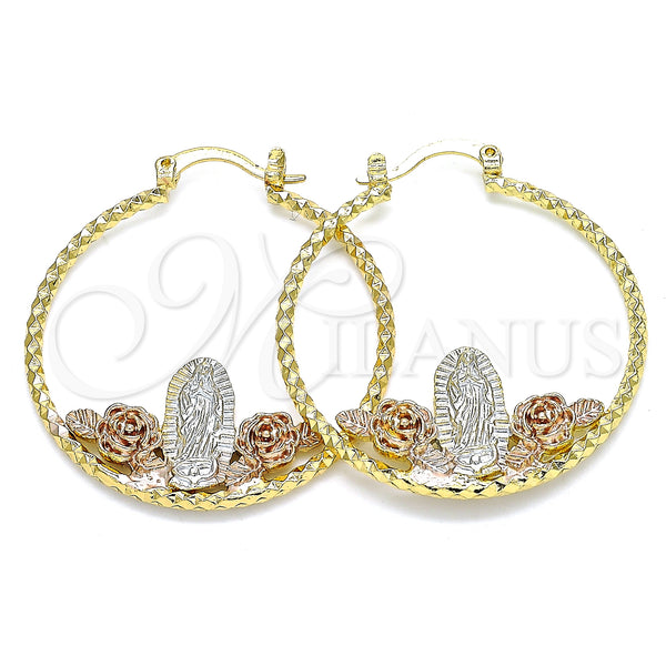 Argolla Mediana 02.351.0102.35 Oro Laminado, Diseño de Guadalupe y Flor, Diamantado, Tres Tonos
