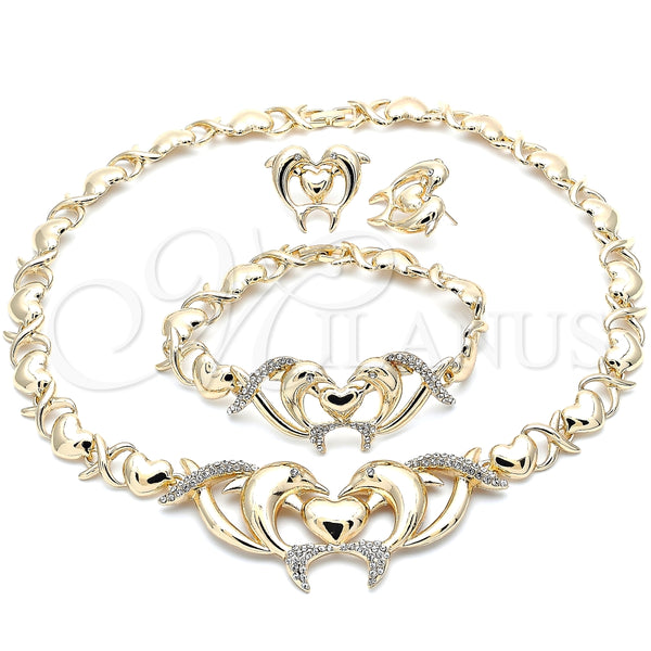 Collar, Pulsera y Dije 06.372.0024 Oro Laminado, Diseño de Besos y Abrazos y Delfín, con Blanca Cristal, Pulido, Tono Dorado