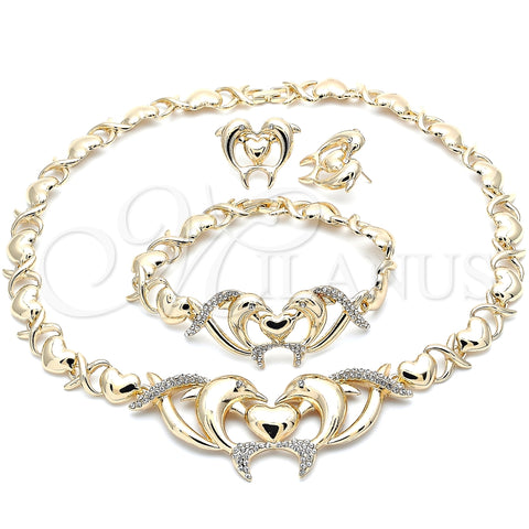 Collar, Pulsera y Dije 06.372.0024 Oro Laminado, Diseño de Besos y Abrazos y Delfín, con Blanca Cristal, Pulido, Tono Dorado