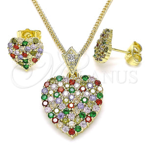 Juego de Arete y Dije de Adulto 10.283.0018.2 Oro Laminado, Diseño de Corazón, con Multicolor Zirconia Cubica, Pulido, Tono Dorado