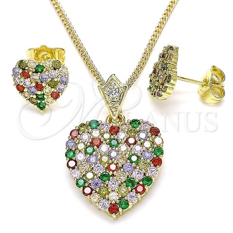 Juego de Arete y Dije de Adulto 10.283.0018.2 Oro Laminado, Diseño de Corazón, con Multicolor Zirconia Cubica, Pulido, Tono Dorado