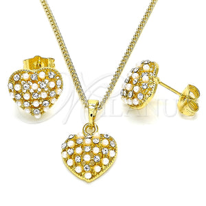 Juego de Arete y Dije de Adulto 10.379.0019 Oro Laminado, Diseño de Corazón, con Blanca Cristal and Marfil Perla, Pulido, Tono Dorado