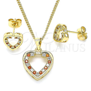 Juego de Arete y Dije de Adulto 10.344.0001.1 Oro Laminado, Diseño de Corazón, con Granate and Blanca Micro Pave, Pulido, Tono Dorado