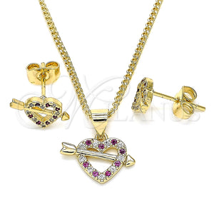 Juego de Arete y Dije de Adulto 10.344.0006.1 Oro Laminado, Diseño de Corazón, con Rubi and Blanca Micro Pave, Pulido, Tono Dorado