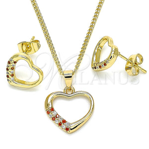 Juego de Arete y Dije de Adulto 10.344.0008.1 Oro Laminado, Diseño de Corazón, con Granate and Blanca Micro Pave, Pulido, Tono Dorado