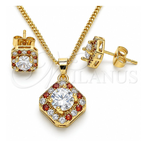 Juego de Arete y Dije de Adulto 10.344.0016.1 Oro Laminado, Diseño de Cluster, con Granate and Blanca Micro Pave, Pulido, Tono Dorado