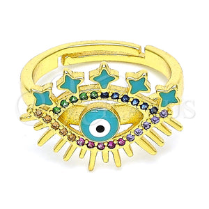 Anillo Multi Piedra 01.368.0008 Oro Laminado, Diseño de Ojo Griego, con Multicolor Micro Pave, Esmaltado Turquesa, Tono Dorado (One size fits all)