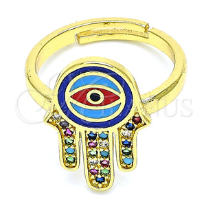 Anillo Multi Piedra 01.368.0010.1 Oro Laminado, Diseño de Mano de Dios, con Multicolor Micro Pave, Esmaltado Azul, Tono Dorado (One size fits all)
