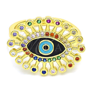Anillo Multi Piedra 01.368.0012.1 Oro Laminado, Diseño de Ojo Griego, con Multicolor Micro Pave, Esmaltado Negro, Tono Dorado (One size fits all)