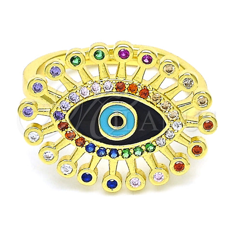 Anillo Multi Piedra 01.368.0012.1 Oro Laminado, Diseño de Ojo Griego, con Multicolor Micro Pave, Esmaltado Negro, Tono Dorado (One size fits all)