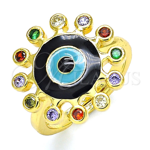 Anillo Multi Piedra 01.368.0013 Oro Laminado, Diseño de Ojo Griego, con Multicolor Micro Pave, Esmaltado Negro, Tono Dorado (One size fits all)