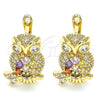 Arete Gancho Frances 02.210.0439.1 Oro Laminado, Diseño de Búho, con Multicolor Micro Pave, Pulido, Tono Dorado