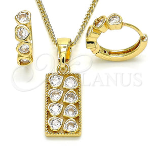 Juego de Arete y Dije de Adulto 10.210.0155 Oro Laminado, Diseño de Corazón, con Blanca Zirconia Cubica, Pulido, Tono Dorado