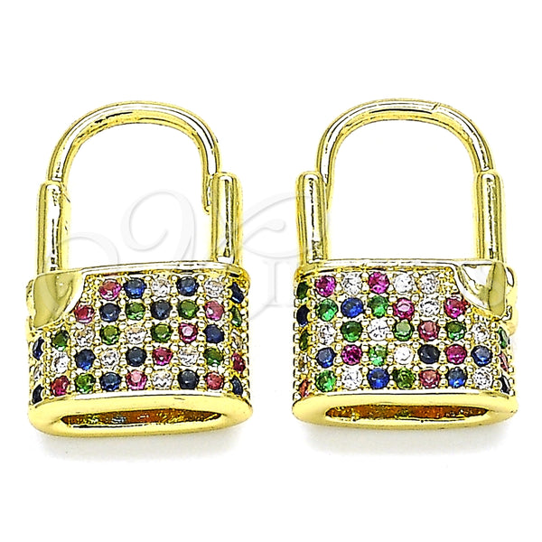 Argolla Pequeña 02.341.0057.1.12 Oro Laminado, Diseño de Candado, con Multicolor Micro Pave, Pulido, Tono Dorado