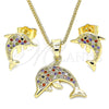Juego de Arete y Dije de Adulto 10.316.0063 Oro Laminado, Diseño de Delfín, con Multicolor Micro Pave, Pulido, Tono Dorado