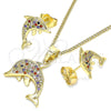 Juego de Arete y Dije de Adulto 10.316.0063 Oro Laminado, Diseño de Delfín, con Multicolor Micro Pave, Pulido, Tono Dorado