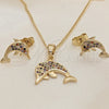 Juego de Arete y Dije de Adulto 10.316.0063 Oro Laminado, Diseño de Delfín, con Multicolor Micro Pave, Pulido, Tono Dorado