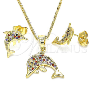 Juego de Arete y Dije de Adulto 10.316.0063 Oro Laminado, Diseño de Delfín, con Multicolor Micro Pave, Pulido, Tono Dorado