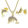 Juego de Arete y Dije de Adulto 10.316.0063 Oro Laminado, Diseño de Delfín, con Multicolor Micro Pave, Pulido, Tono Dorado