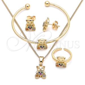 Juego de Arete y Dije de Nino 06.210.0021.1 Oro Laminado, Diseño de Osito y Corazón, con Multicolor Micro Pave, Pulido, Tono Dorado