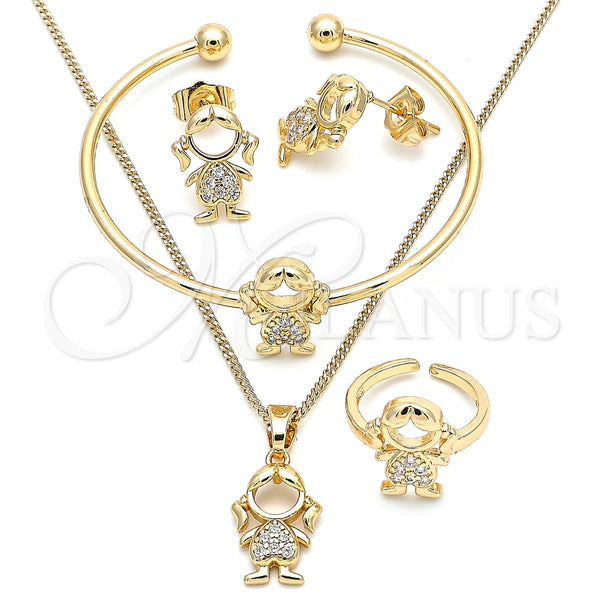 Juego de Arete y Dije de Nino 06.210.0024 Oro Laminado, Diseño de Niñita Pequeña, con Blanca Micro Pave, Pulido, Tono Dorado