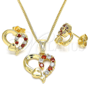 Juego de Arete y Dije de Adulto 10.210.0156.1 Oro Laminado, Diseño de Corazón, con Granate and Blanca Zirconia Cubica, Pulido, Tono Dorado