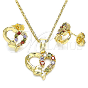 Juego de Arete y Dije de Adulto 10.210.0156.2 Oro Laminado, Diseño de Corazón, con Multicolor Zirconia Cubica, Pulido, Tono Dorado