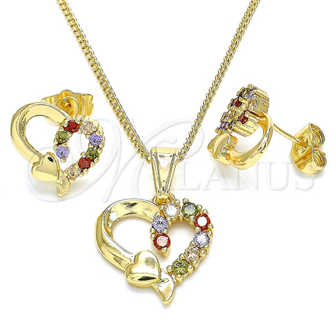 Juego de Arete y Dije de Adulto 10.210.0156.2 Oro Laminado, Diseño de Corazón, con Multicolor Zirconia Cubica, Pulido, Tono Dorado