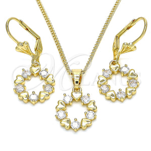 Juego de Arete y Dije de Adulto 10.210.0158 Oro Laminado, Diseño de Corazón, con Blanca Zirconia Cubica, Pulido, Tono Dorado