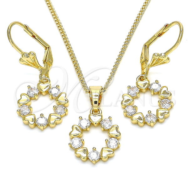 Juego de Arete y Dije de Adulto 10.210.0158 Oro Laminado, Diseño de Corazón, con Blanca Zirconia Cubica, Pulido, Tono Dorado