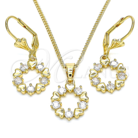 Juego de Arete y Dije de Adulto 10.210.0158 Oro Laminado, Diseño de Corazón, con Blanca Zirconia Cubica, Pulido, Tono Dorado