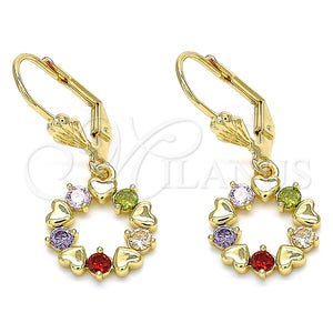 Arete Colgante 02.210.0442.2 Oro Laminado, Diseño de Corazón, con Multicolor Zirconia Cubica, Pulido, Tono Dorado