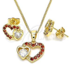 Juego de Arete y Dije de Adulto 10.210.0159.1 Oro Laminado, Diseño de Corazón, con Granate and Blanca Zirconia Cubica, Pulido, Tono Dorado