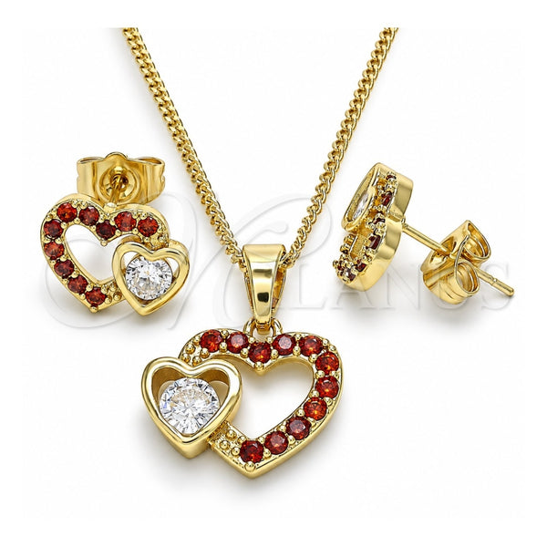 Juego de Arete y Dije de Adulto 10.210.0159.1 Oro Laminado, Diseño de Corazón, con Granate and Blanca Zirconia Cubica, Pulido, Tono Dorado