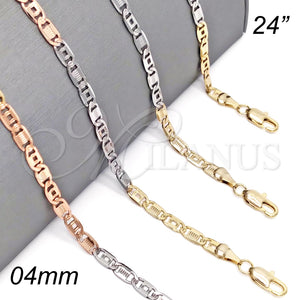 Gargantilla Basica 04.319.0006.24 Oro Laminado, Diseño de Pave Mariner, Diamantado, Tres Tonos (04 MM Thickness, 24 Inches Length)