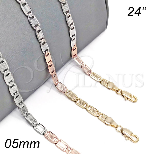 Gargantilla Basica 04.319.0009.24 Oro Laminado, Diseño de Mariner, Diamantado, Tres Tonos (05 MM Thickness, 24 Inches Length)