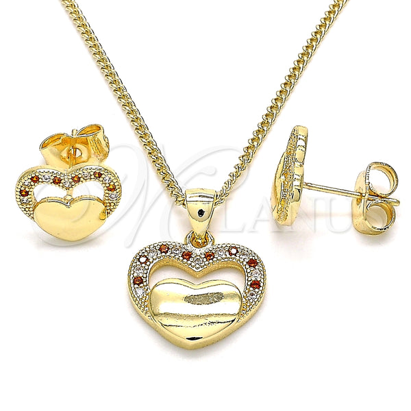 Juego de Arete y Dije de Adulto 10.156.0279.1 Oro Laminado, Diseño de Corazón, con Blanca Micro Pave, Pulido, Tono Dorado