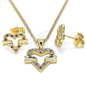 Juego de Arete y Dije de Adulto 10.156.0280.1 Oro Laminado, Diseño de Corazón, con Granate and Blanca Micro Pave, Pulido, Tono Dorado