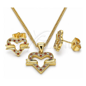 Juego de Arete y Dije de Adulto 10.156.0280.1 Oro Laminado, Diseño de Corazón, con Granate and Blanca Micro Pave, Pulido, Tono Dorado