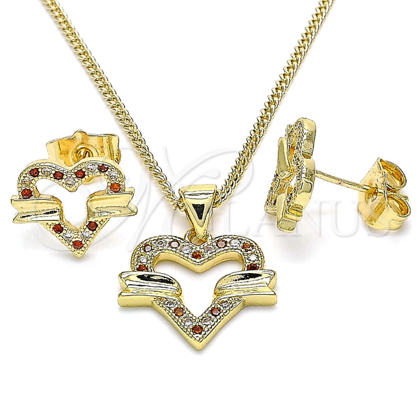 Juego de Arete y Dije de Adulto 10.156.0280.1 Oro Laminado, Diseño de Corazón, con Granate and Blanca Micro Pave, Pulido, Tono Dorado