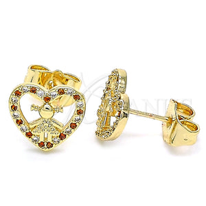 Arete Dormilona 02.156.0331.1 Oro Laminado, Diseño de Corazón y Niñita Pequeña, con Granate and Blanca Micro Pave, Pulido, Tono Dorado