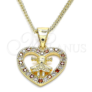 Collares con Dije 04.156.0342.1.20 Oro Laminado, Diseño de Corazón y Niñita Pequeña, con Granate and Blanca Micro Pave, Pulido, Tono Dorado (20 Inches Length)