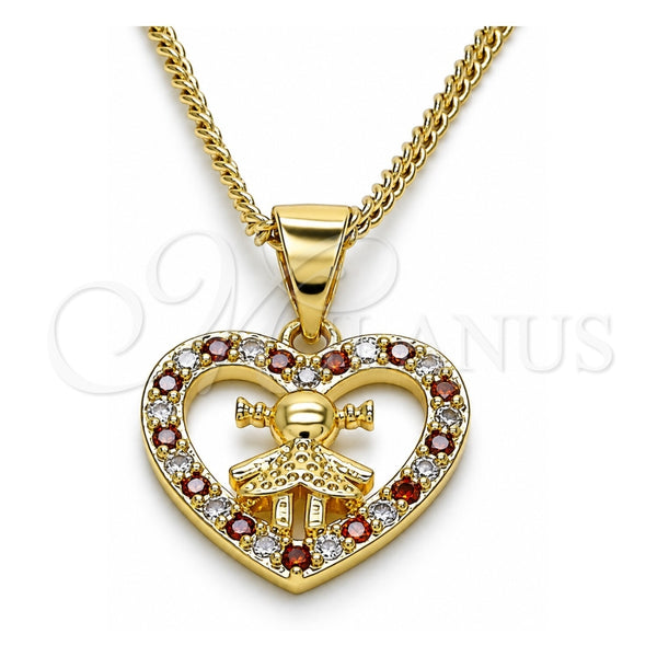 Collares con Dije 04.156.0342.1.20 Oro Laminado, Diseño de Corazón y Niñita Pequeña, con Granate and Blanca Micro Pave, Pulido, Tono Dorado (20 Inches Length)