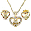 Juego de Arete y Dije de Adulto 10.156.0218.2 Oro Laminado, Diseño de Corazón y Niñita Pequeña, con Granate and Blanca Micro Pave, Pulido, Tono Dorado