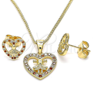 Juego de Arete y Dije de Adulto 10.156.0218.2 Oro Laminado, Diseño de Corazón y Niñita Pequeña, con Granate and Blanca Micro Pave, Pulido, Tono Dorado
