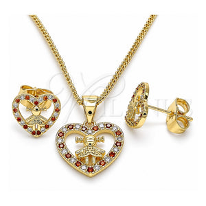 Juego de Arete y Dije de Adulto 10.156.0218.2 Oro Laminado, Diseño de Corazón y Niñita Pequeña, con Granate and Blanca Micro Pave, Pulido, Tono Dorado