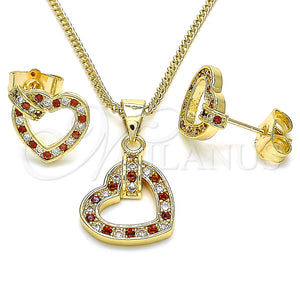 Juego de Arete y Dije de Adulto 10.156.0281.1 Oro Laminado, Diseño de Corazón, con Granate and Blanca Micro Pave, Pulido, Tono Dorado